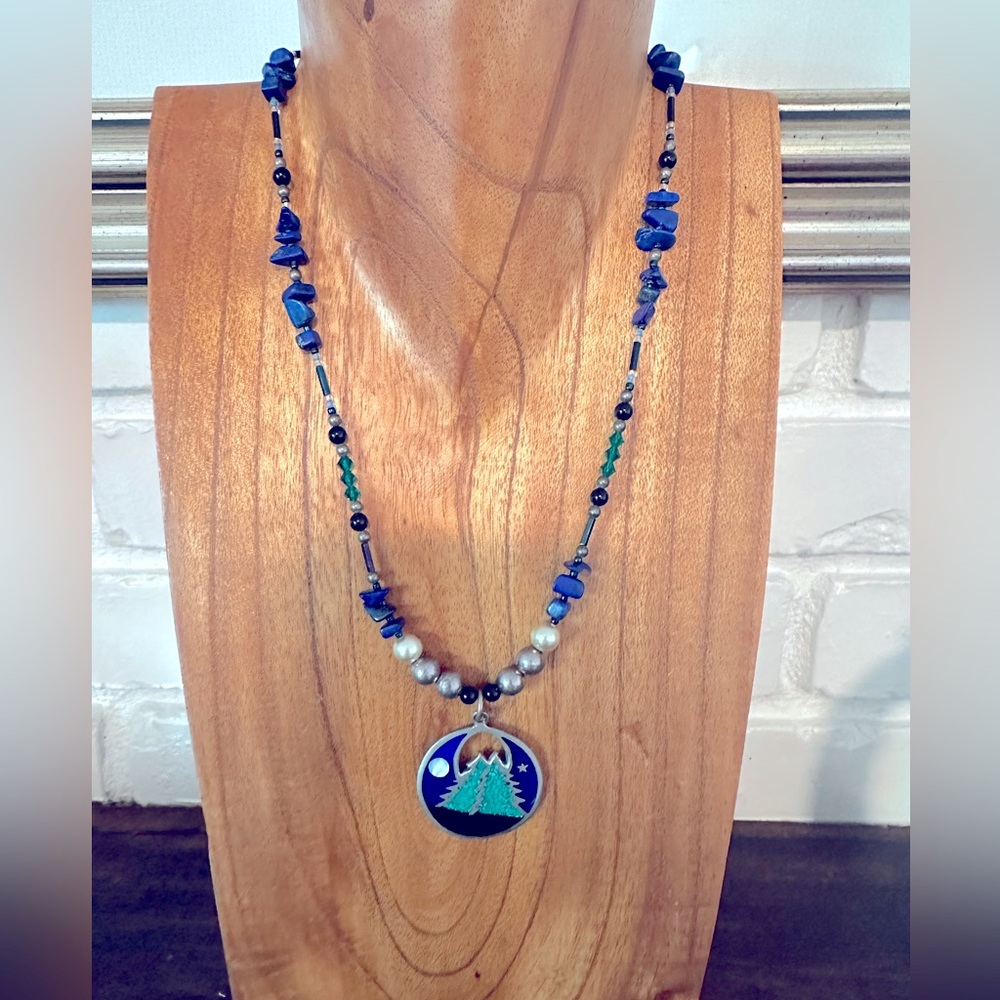 Lapis silver Inlay and enamel beaded necklace